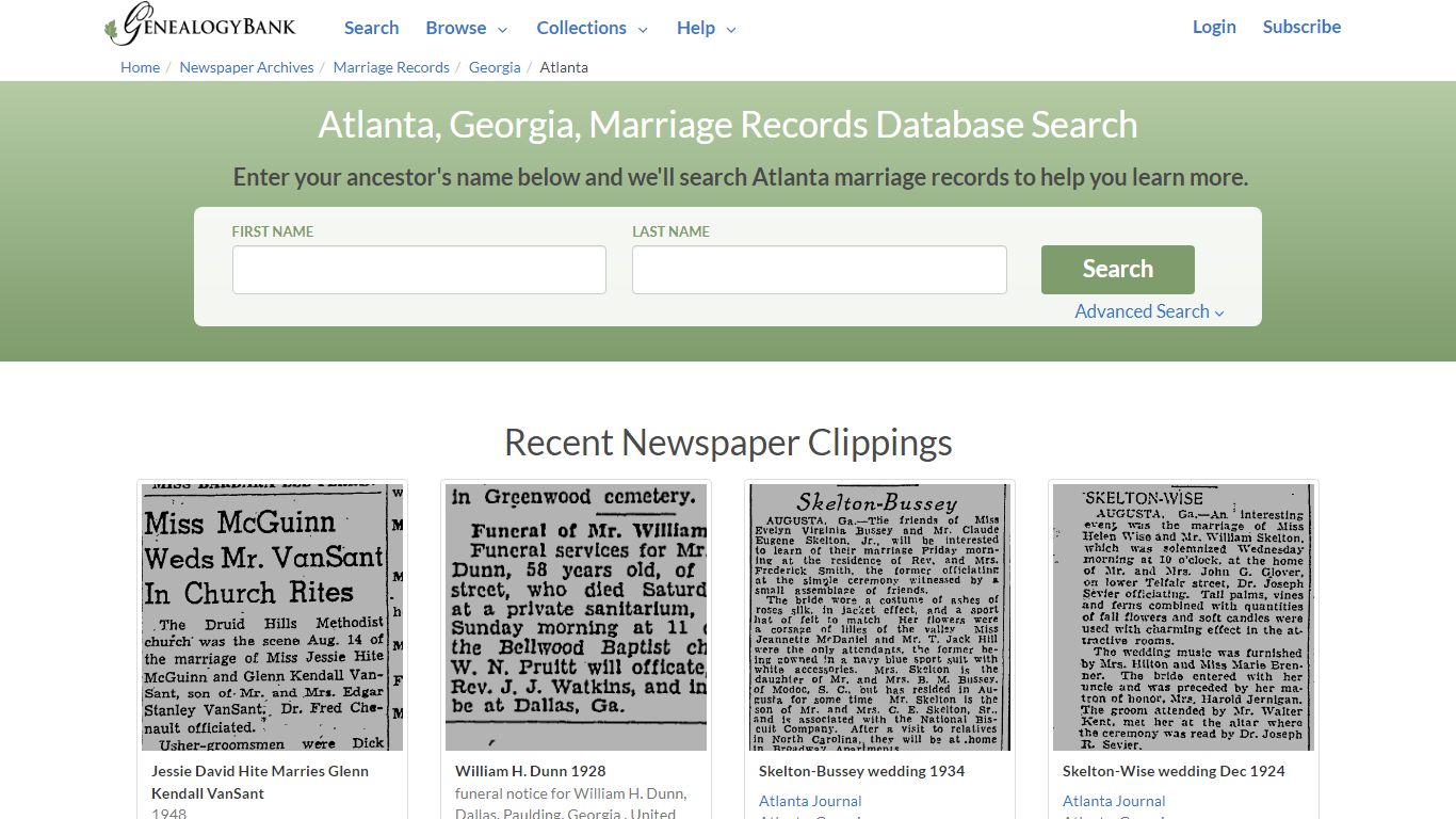 Atlanta, Georgia, Marriage Records Online Search - GenealogyBank